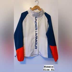 Under Amour Women's UA Rush woven color block full zip up jacket.